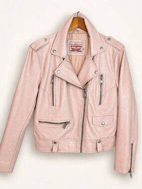 Levi’s Pink Faux Leather Moto Jacket Cropped Biker Zip Hardware L Biker Chic
